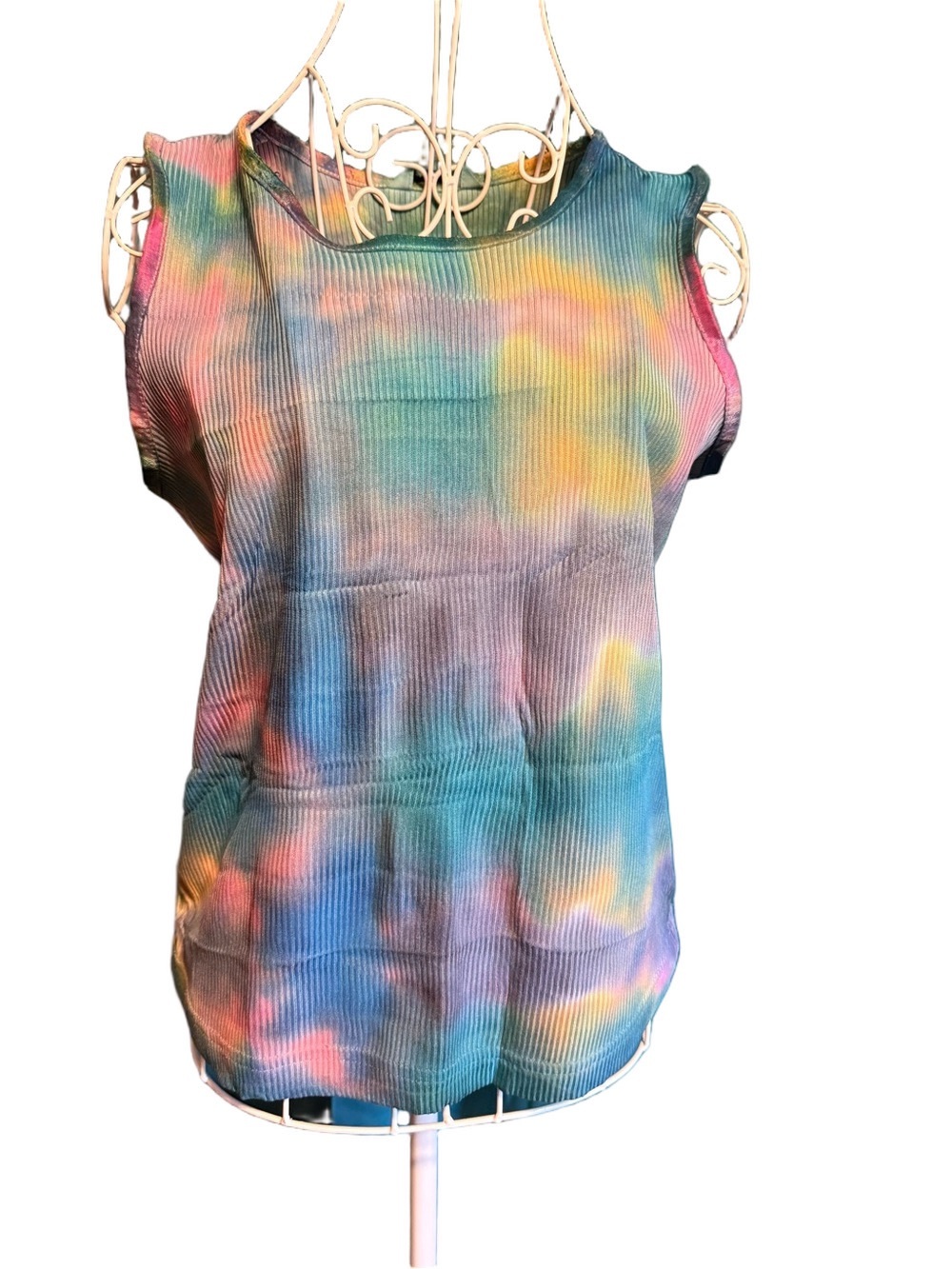 Alia Multicolor Tie-Dye Ribbed Tank Top — Blue, Pink & Yellow